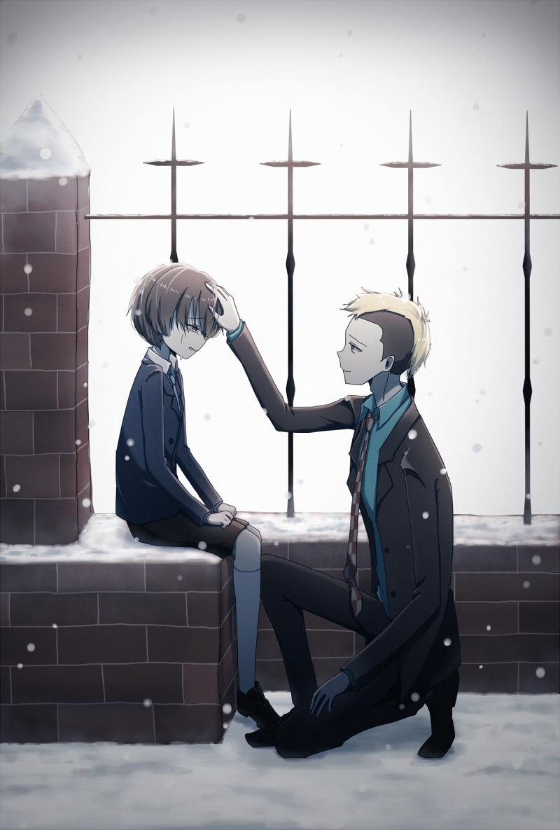 2boys, ace_attorney, ace_attorney_investigations, ace_attorney_investigations_2:_prosecutor's_gambit, age_difference, aged_down, child, crying, formal_clothes, hand_on_another's_head, hitsuki0925, kneeling, multiple_boys, naitou_manosuke, necktie, sarushiro_souta, school_uniform, sitting, smile, snow, suit