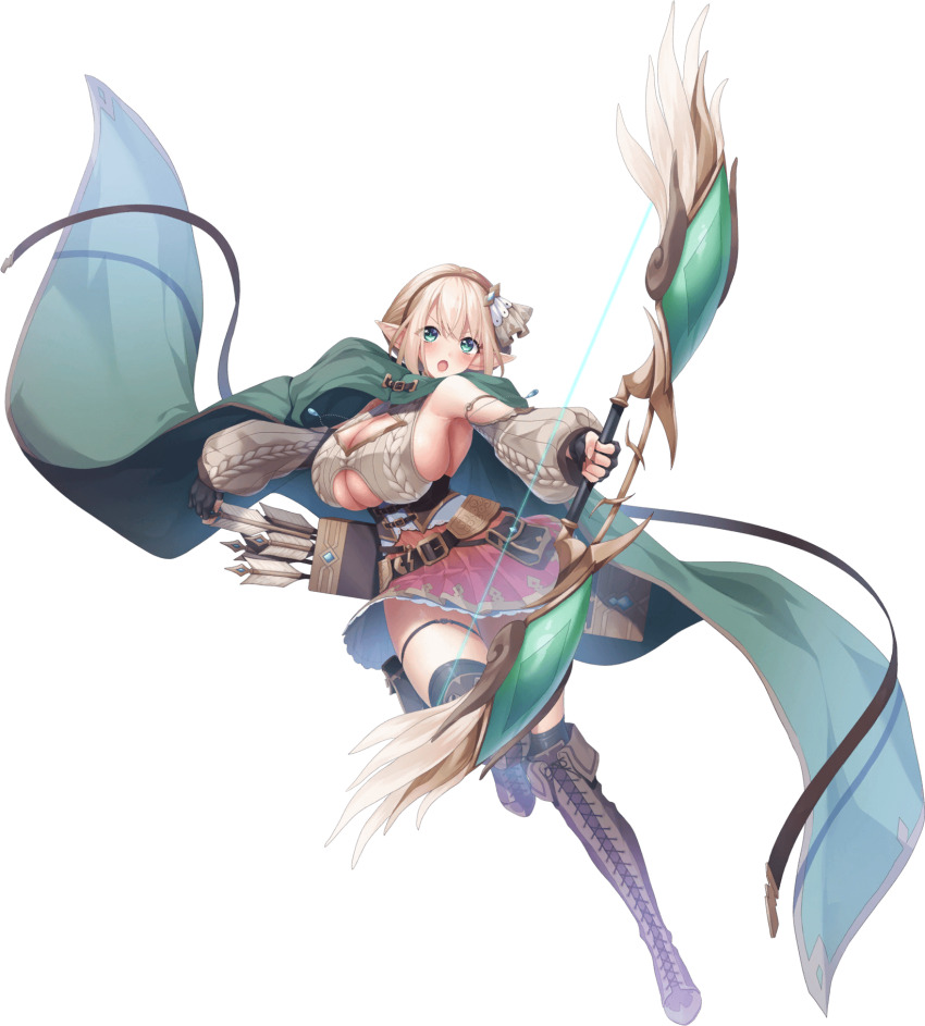 arrow_(projectile), blonde_hair, bow_(weapon), breasts, cape, detached_sleeves, elf, gloves