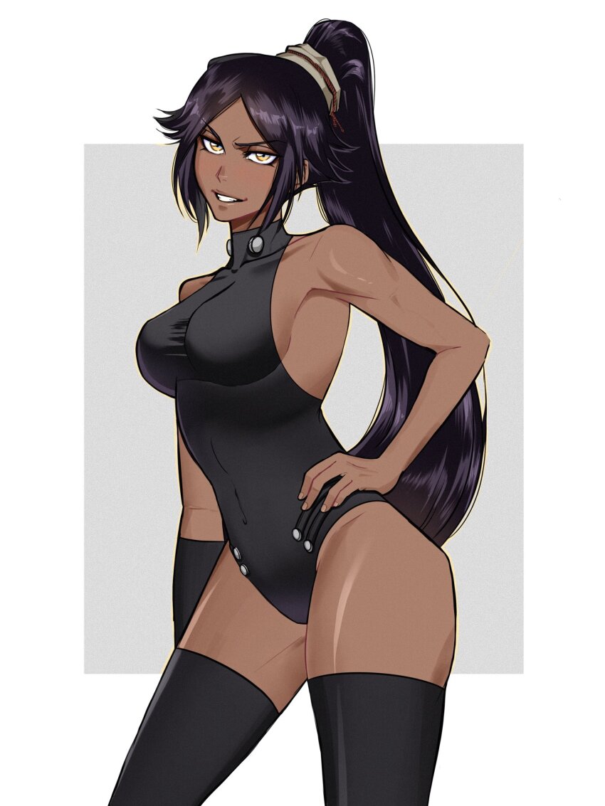1girl, bare_shoulders, black_leotard, black_thighhighs, bleach, bleach:_sennen_kessen-hen, border, breasts, collarbone, female_focus, hand_on_own_hip, highres, leotard, looking_at_viewer, parted_bangs, ponytail, purple_hair, shihouin_yoruichi, shiny_skin, simple_background, teeth, thighhighs, thighs, viii_00908, white_border, yellow_eyes