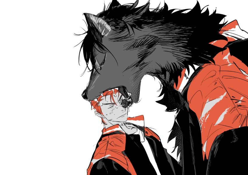 1boy, :|, animalization, atie1225, black_fur, blush, closed_eyes, closed_mouth