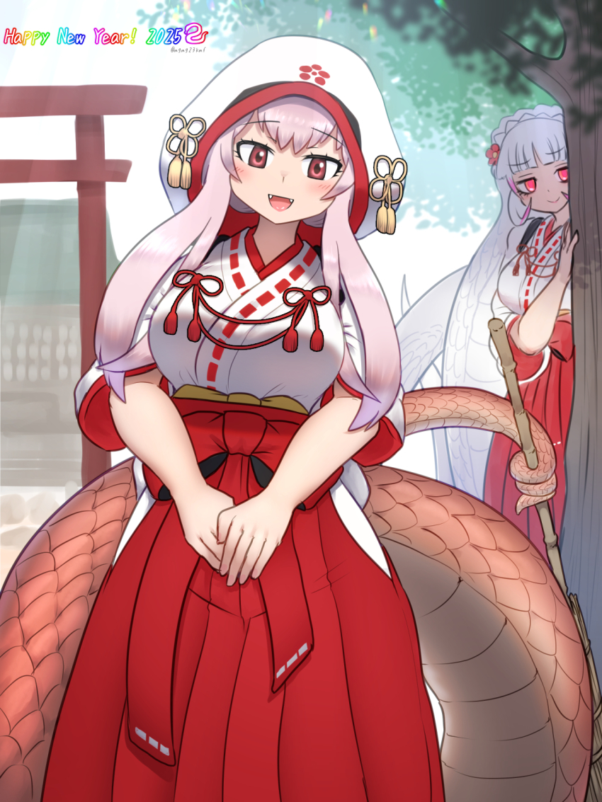 2girls, blunt_bangs, blush, breasts, byakuda_(kemono_friends), chihaya_(clothing), chinese_zodiac, flower