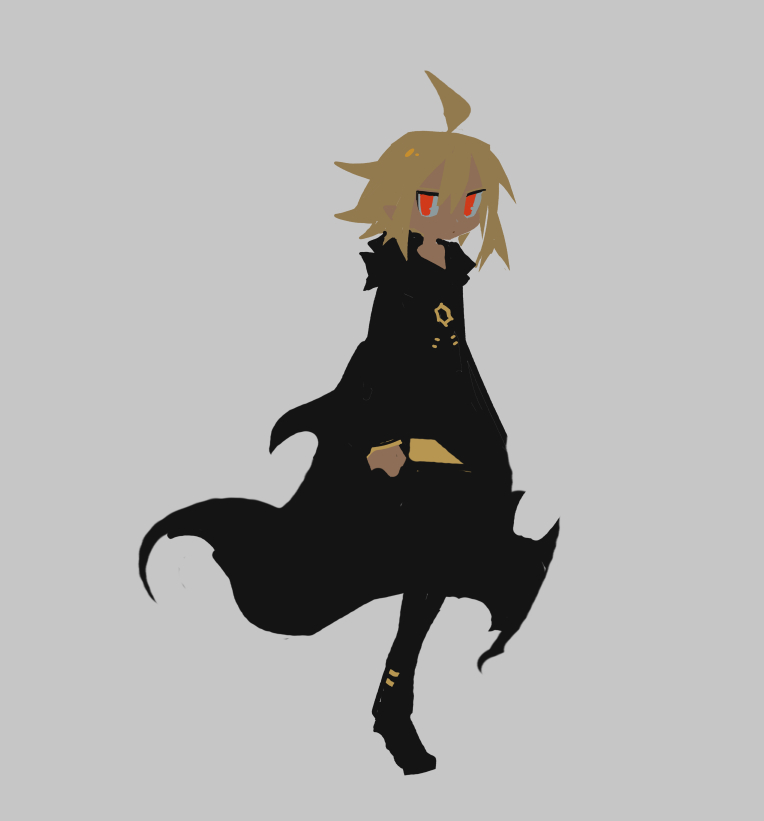 1girl, ahoge, arms_at_sides, belt, black_cloak, black_pants, black_shirt, black_shoes