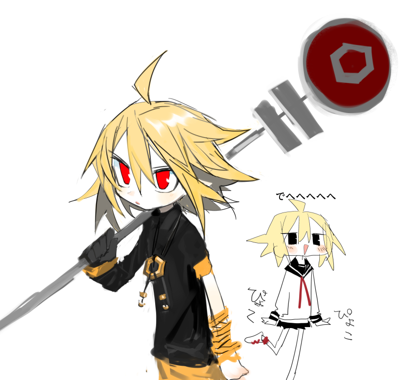 2girls, ahoge, asymmetrical_sleeves, black_eyes, black_gloves, black_shirt, black_skirt, blush, chrogire/girection, commentary_request, doodle_inset, dual_persona, floating_hair, gloves, holding, holding_road_sign, holding_sign, jewelry, kokaki_mumose, miniskirt, multiple_girls, natsuka_(chrogire), null-meta, open_mouth, pendant, red_eyes, road_sign, school_uniform, serafuku, serious, shirt, short_hair, sign, simple_background, single_glove, skirt, smile, translation_request, uneven_sleeves, uozumi_kurumi, white_background, white_shirt