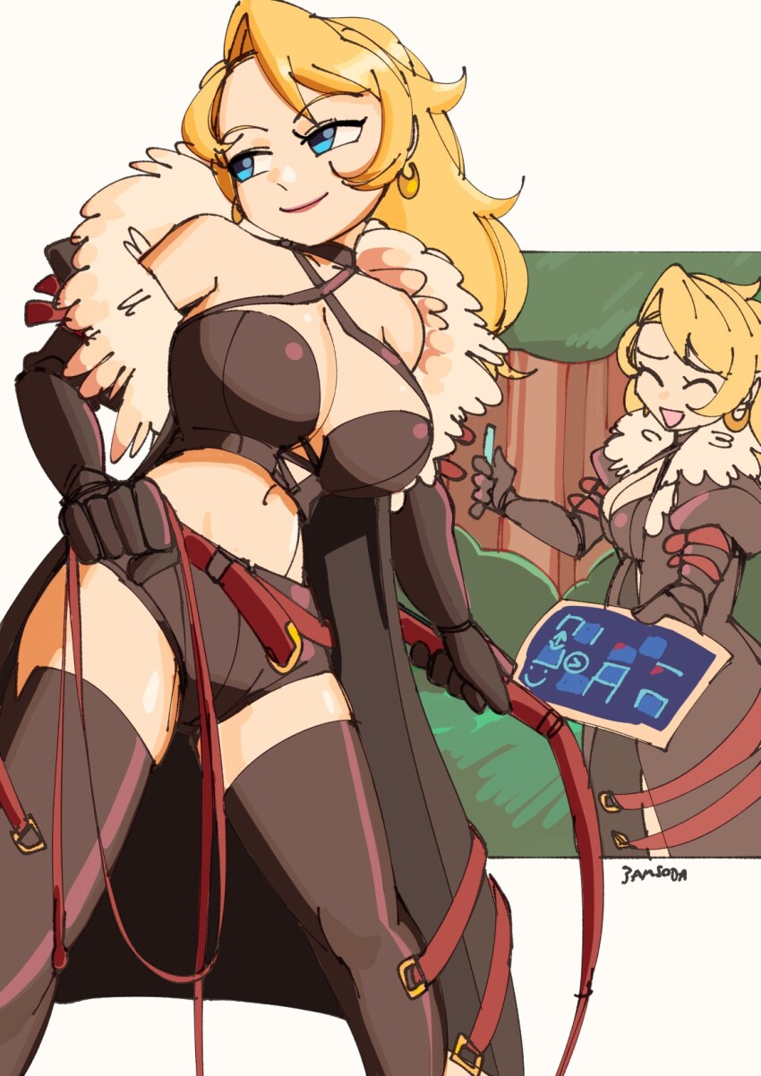 3amsoda, ^_^, belt, black_choker, blonde_hair, blue_eyes, breasts, choker, closed_eyes, crescent, crescent_earrings, criss-cross_halter, crop_top, dark_hunter, dark_hunter_(sekaiju), dark_hunter_2, earrings, etrian_odyssey, fur-trimmed_jacket, fur_trim, halterneck, highres, holding, holding_map, holding_whip, jacket, jewelry, large_breasts, map, multiple_belts, navel, open_belt, shorts, smile, taut_clothes, taut_shorts, thighhighs