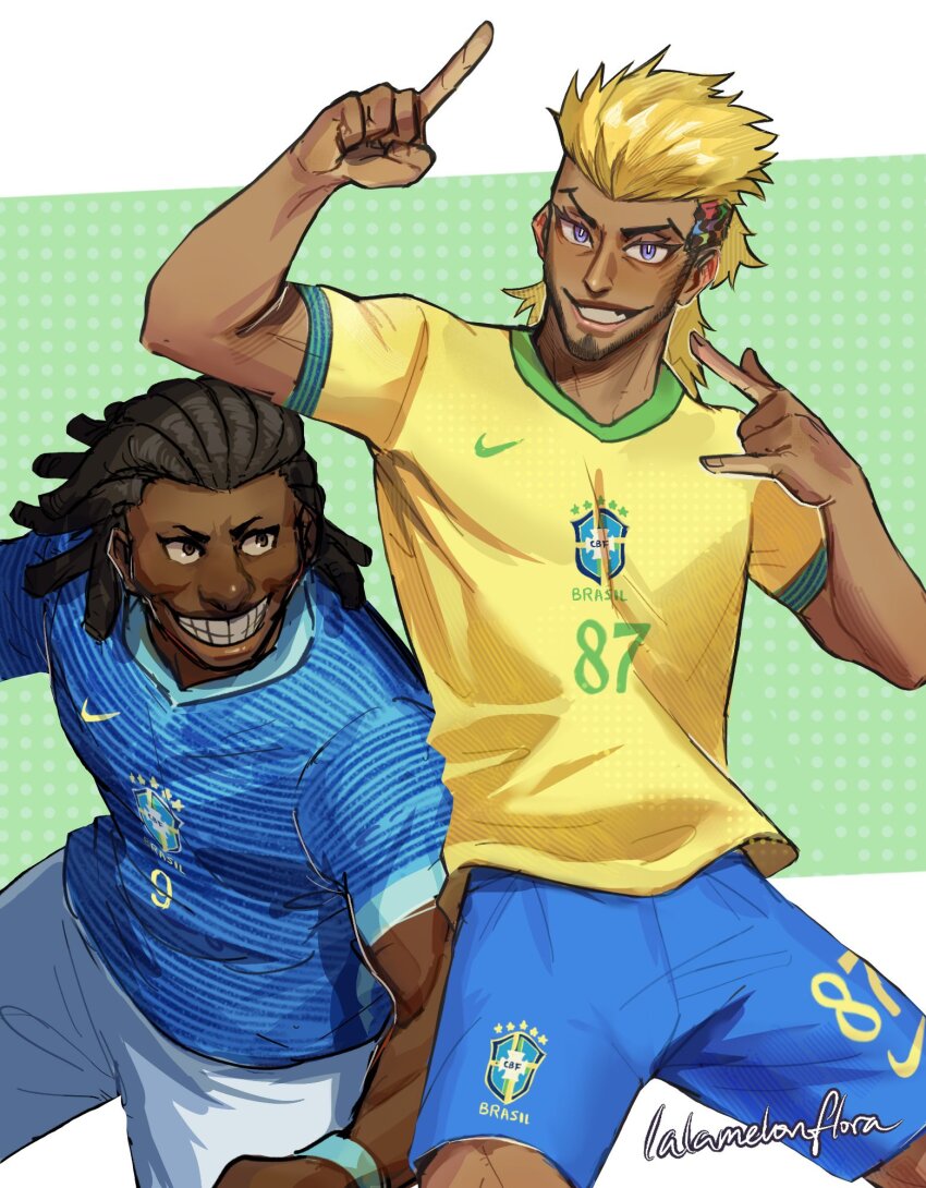 1boy, arms_up, black_hair, blonde_hair, blue_hair, blue_lock, blue_shirt, blue_shorts, bow, bracelet, brazil, brown_hair, dada_silva, dark-skinned_male, dark_skin, dreadlocks, green_background, green_hair, highres, jewelry, lavinho_(blue_lock), long_hair, looking_at_another, looking_at_viewer, multicolored_hair, nike_(company), open_mouth, orange_hair, purple_eyes, purple_hair, red_bow, school_uniform, shirt, shorts, smile, v, very_long_hair, white_background, white_shorts, yellow_shirt