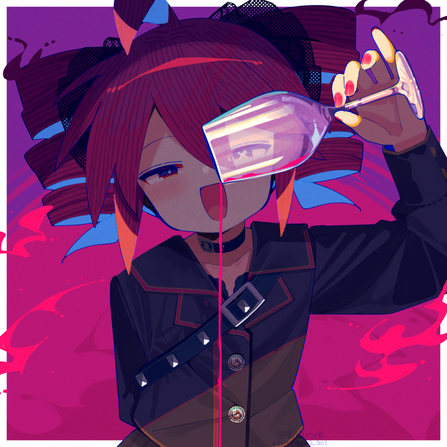 1girl, alcohol, alternate_costume, aoi_tsuyu, belt, black_belt, black_choker, black_jacket