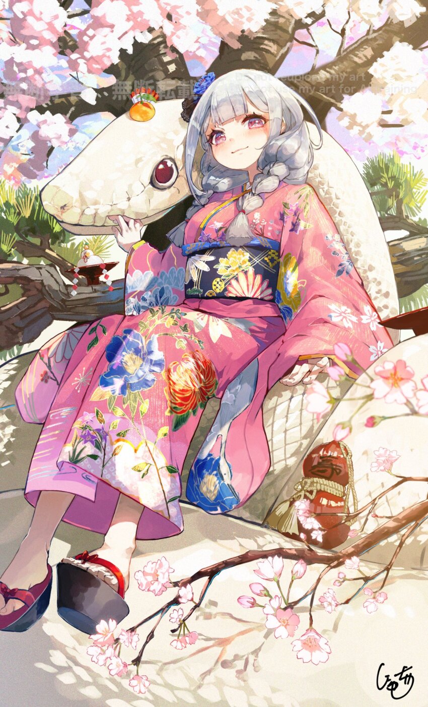 1girl, animal, blunt_bangs, blush, braid, calabash, cherry_blossoms, commentary_request, cup, floral_print, floral_print_kimono, flower, food, furisode, giant_snake, grey_hair, hair_flower, hair_ornament, hair_over_shoulder, highres, japanese_clothes, kimono, long_hair, long_sleeves, low-tied_long_hair, low_twin_braids, mochi, nyucha, obi, obiage, okobo, original, outdoors, oversized_animal, pink_eyes, pink_kimono, platform_sandals, print_kimono, sakazuki, sakuramon, sandals, sash, signature, sitting_on_animal, snake, solo, tree, twin_braids, watermark, white_snake