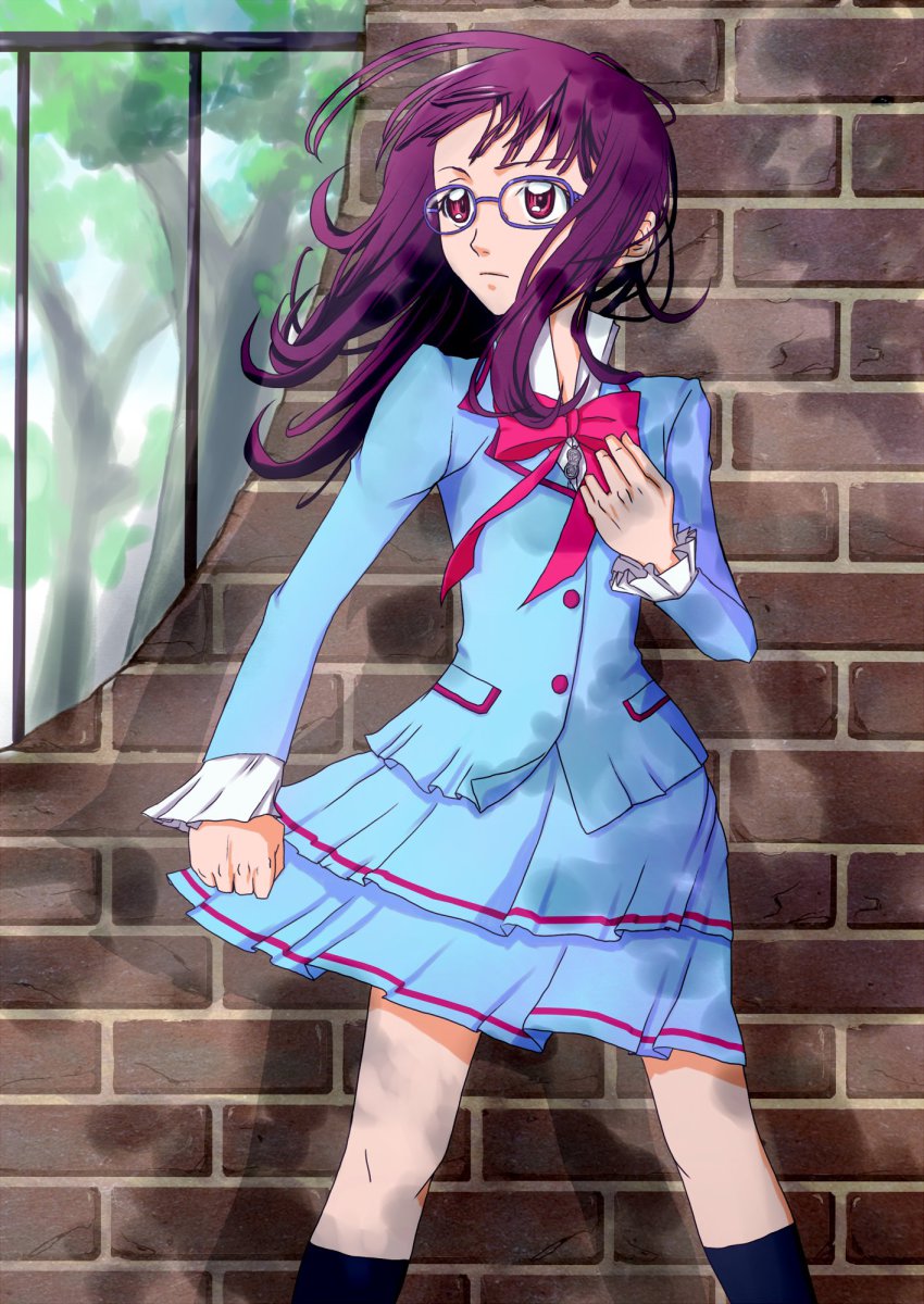 10s, 1girl, ahoge, amawa_kazuhiro, black_socks, blue_shirt, bow, dress