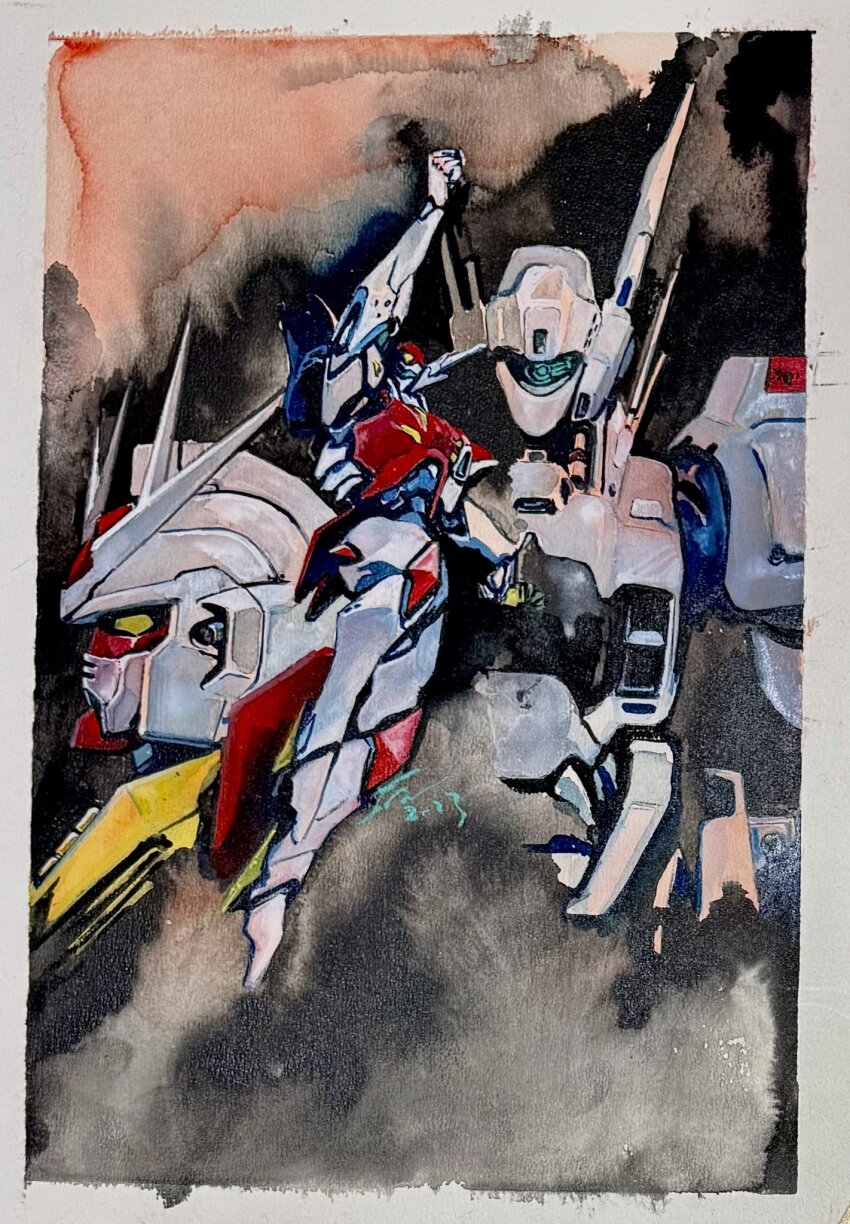arm_up, armor, assault_visor, av-98_ingram, blue_visor, border, buchi_holes, commentary_request, crossover, gundam, gundam_build_metaverse, highres, kidou_keisatsu_patlabor, lah_gundam, mecha, mecha_focus, mobile_suit, no_humans, painting_(medium), power_armor, radio_antenna, robot, sano_hirotoshi, science_fiction, signature, tekkaman_blade, tekkaman_blade_(character), traditional_media, v-fin, watercolor_(medium), white_border, yellow_eyes