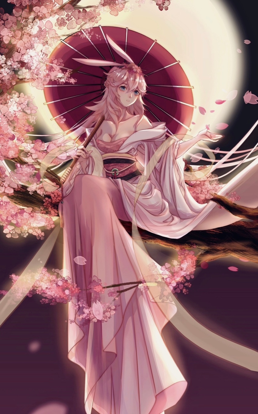 1girl, animal_ears, bare_shoulders, blue_eyes, breasts, check_copyright, cherry_blossoms, chinese_commentary, cleavage, commentary_request, copyright_request, dress, eyelashes, flower, full_body, full_moon, hagoromo, hair_between_eyes, highres, holding, holding_umbrella, jingjing_de_zuo_yike_shuai_xingzi, long_dress, long_hair, long_sleeves, looking_to_the_side, medium_breasts, moon, night, oil-paper_umbrella, on_branch, original, outdoors, outstretched_hand, parted_lips, petals, pink_dress, pink_flower, pink_hair, pink_theme, pink_umbrella, pleated_dress, rabbit_ears, robe, shawl, sitting, sitting_on_branch, solo, strapless, strapless_dress, teeth, umbrella, umbrella_over_shoulder, white_robe, wide_sleeves