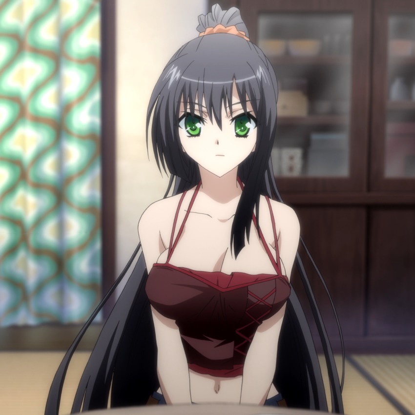 10s, 1girl, anime_screenshot, bare_shoulders, black_hair, breasts, camisole, cleavage