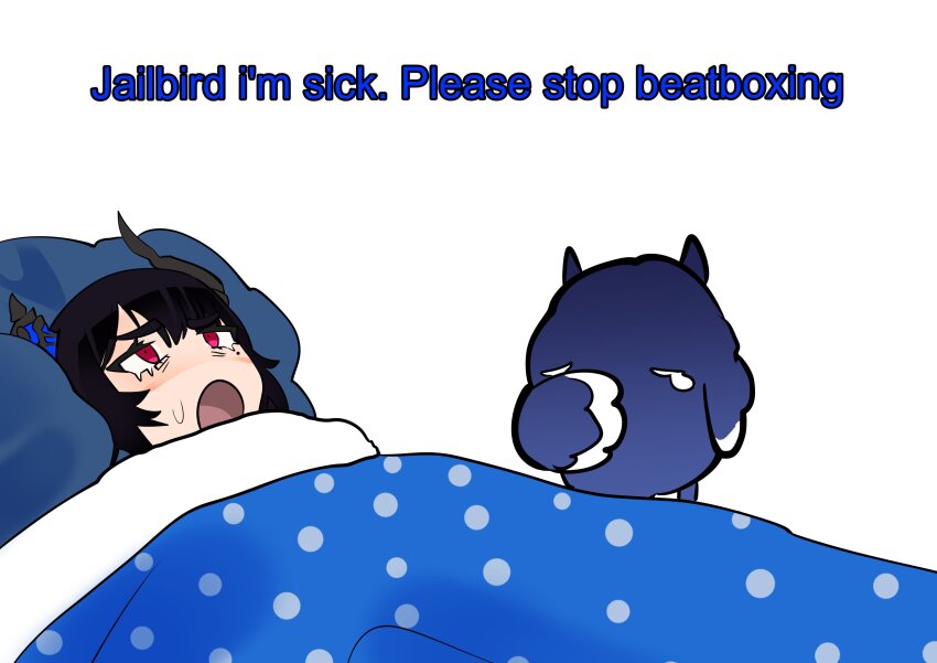 1girl, absurdres, beatboxing, bed, bed_sheet, black_hair, black_horns, commentary, daaku_(koizumi_arata), english_commentary, english_text, highres, hololive, hololive_english, horns, jailbird_(nerissa_ravencroft), lying, meme, nerissa_ravencroft, on_back, on_bed, open_mouth, pillow, please_stop_beatboxing_(meme), red_eyes, sweatdrop, tearing_up, virtual_youtuber, wikihow