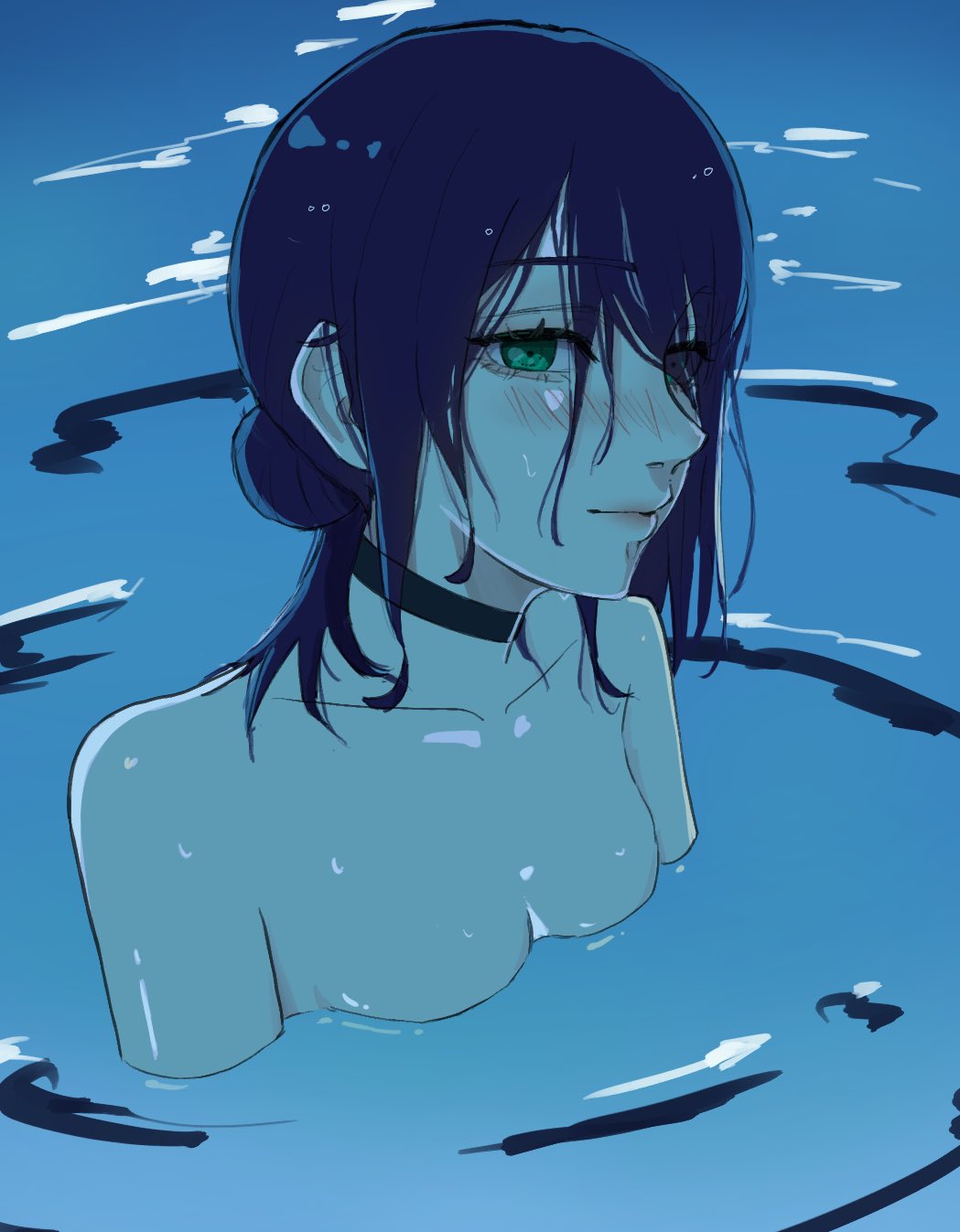 1girl, black_choker, blue_hair, breasts, chainsaw_man, choker, closed_mouth, green_eyes