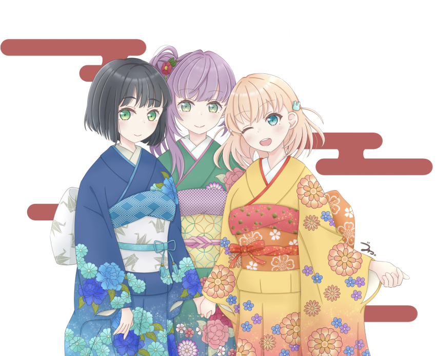 3girls, ;d, absurdres, back_bow, black_hair, blue_eyes, blue_kimono, blunt_bangs