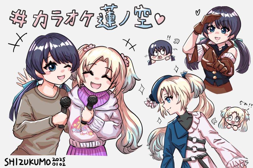 !, !!, 2girls, :d, ^_^, absurdres, arrow_(symbol), artist_name