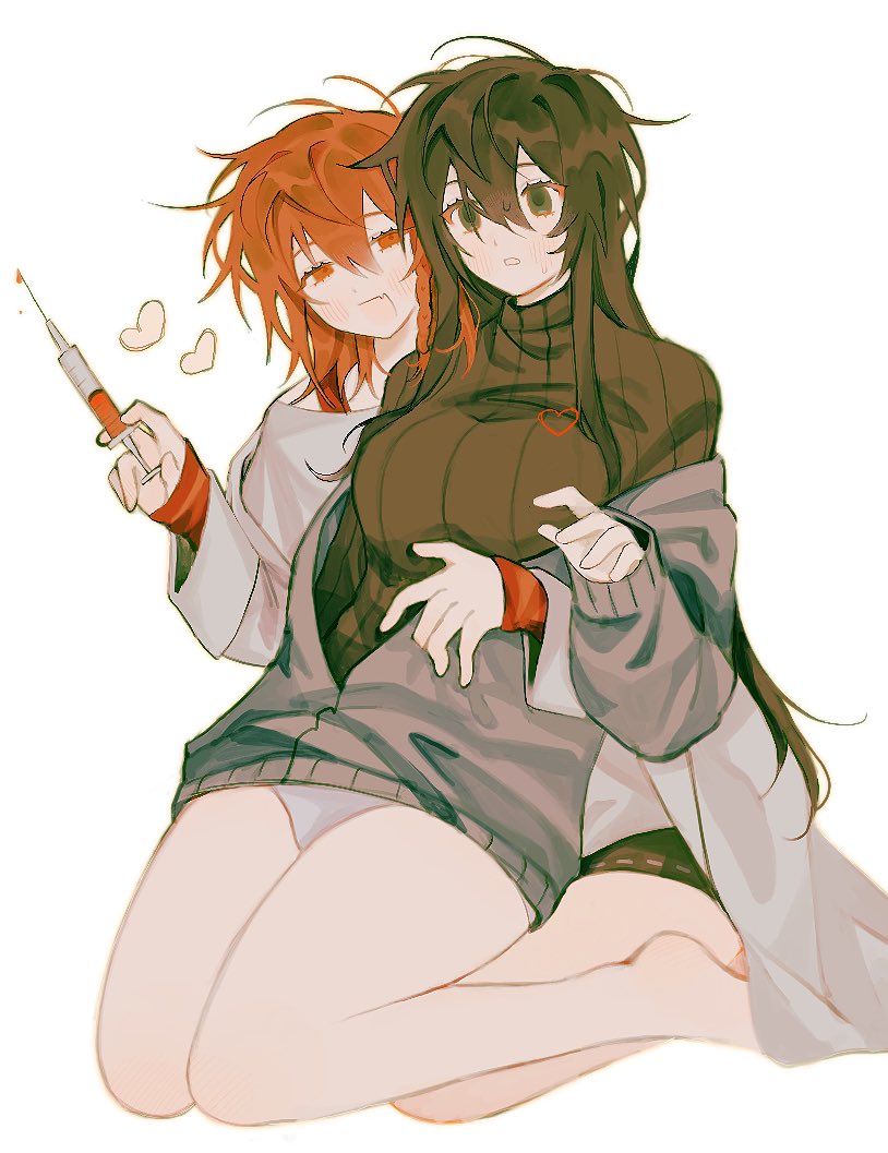 2girls, akechisu1, black_eyes, black_hair, blush, breasts, fang, full_body, genderswap, genderswap_(mtf), grey_background, grey_shirt, grey_skirt, heart, large_breasts, maeno_aki, medium_hair, multiple_girls, off-shoulder_shirt, off_shoulder, open_mouth, red_eyes, red_hair, shirt, sitting, skin_fang, skirt, syringe, tsugino_haru, turtleneck, yuri, zeno_(game)