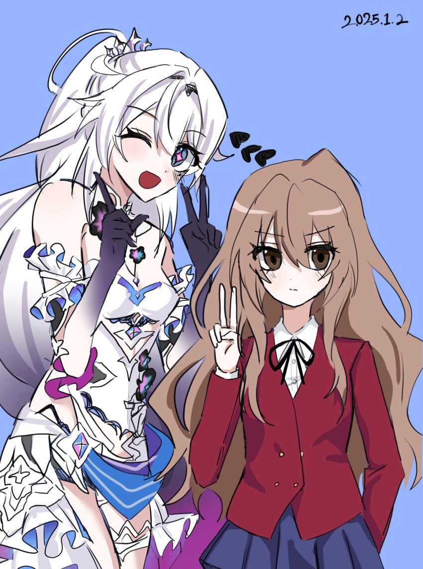 2girls, ahoge, aisaka_taiga, bare_legs, bare_shoulders, battlesuit, blue_background, blue_eyes, blue_skirt, blush, breasts, brown_eyes, brown_hair, collar, colored_skin, crown_ornament, dress, flower, flower_ornament, gem, heart, highres, honkai_(series), honkai_impact_3rd, jacket, jewelry, kiana_kaslana, kiana_kaslana_(herrscher_of_finality), kie0x, kugimiya_rie, long_hair, long_sleeves, looking_at_viewer, medium_breasts, multicolored_hair, multiple_girls, neck_ribbon, necklace, one_eye_closed, open_mouth, pink_pupils, ponytail, purple_skin, red_jacket, ribbon, school_uniform, sketch, skirt, star-shaped_pupils, star_(symbol), symbol-shaped_pupils, toradora!, tsundere, two-tone_hair, v, voice_actor_connection, white_dress, white_hair