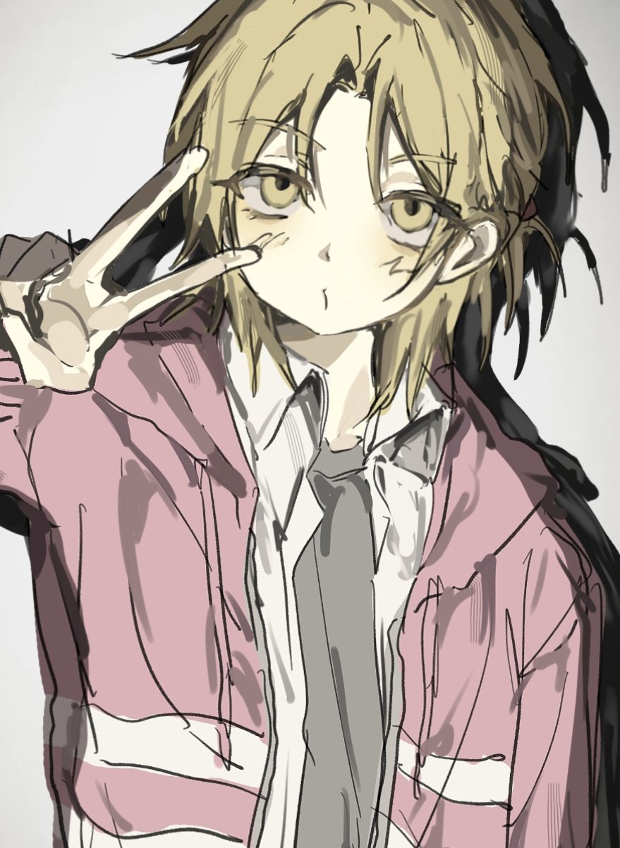 1boy, baek_eunyung, blonde_hair, blush, closed_mouth, collared_shirt, grey_background, grey_necktie, half_updo, highres, jacket, ji00752, male_focus, medium_hair, necktie, no_home_(manhwa), pink_jacket, ponytail, shadow, shirt, short_ponytail, simple_background, sketch, solo, v, white_shirt, yellow_eyes