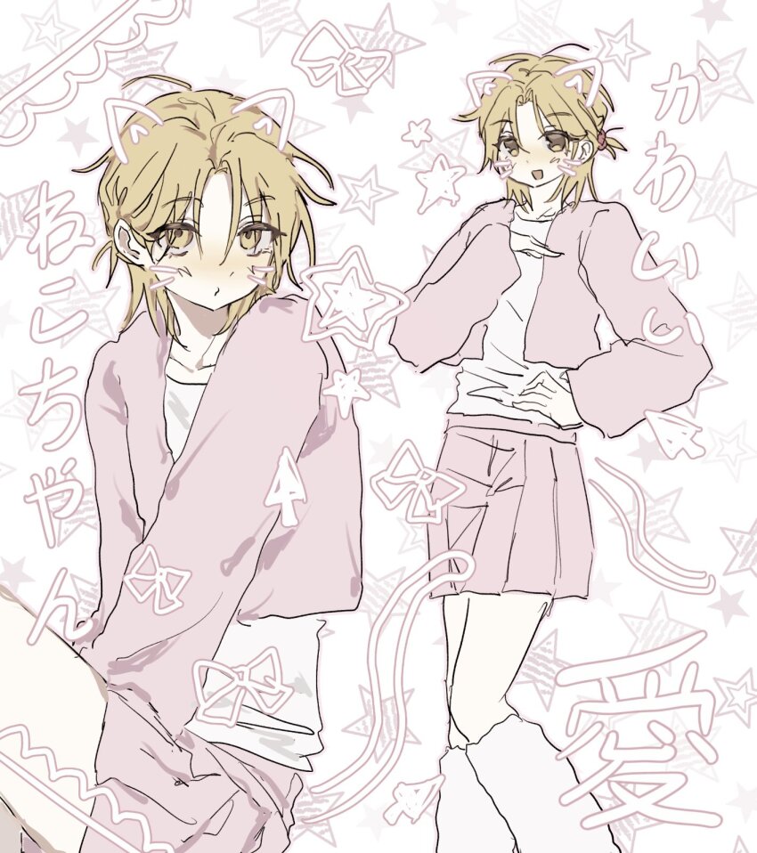 1boy, androgynous, baek_eunyung, blonde_hair, blush, crossdressing, crossdressing_(mtf), drawn_ears