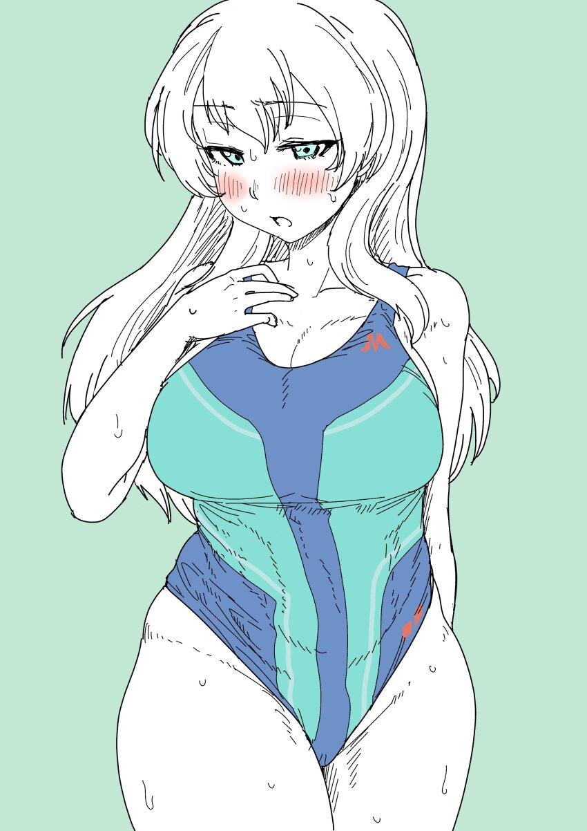 1girl, absurdres, blue_background, blue_one-piece_swimsuit, blush, breasts, collarbone, eclair_(girls_und_panzer)