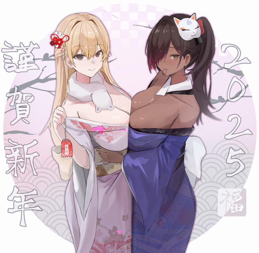 2025, 2girls, absurdres, bare_shoulders, black_hair, blonde_hair, breasts, brown_eyes, cleavage, collarbone, dark-skinned_female, dark_skin, goddess_of_victory:_nikke, highres, huge_breasts, japanese_clothes, kimono, large_breasts, long_hair, mask, mask_on_head, multiple_girls, naga_(last_girlhood)_(nikke), naga_(nikke), official_alternate_costume, orange_eyes, oval_background, pink_kimono, ponytail, purple_kimono, sloan_(shakabrah), smile, tia_(nikke)