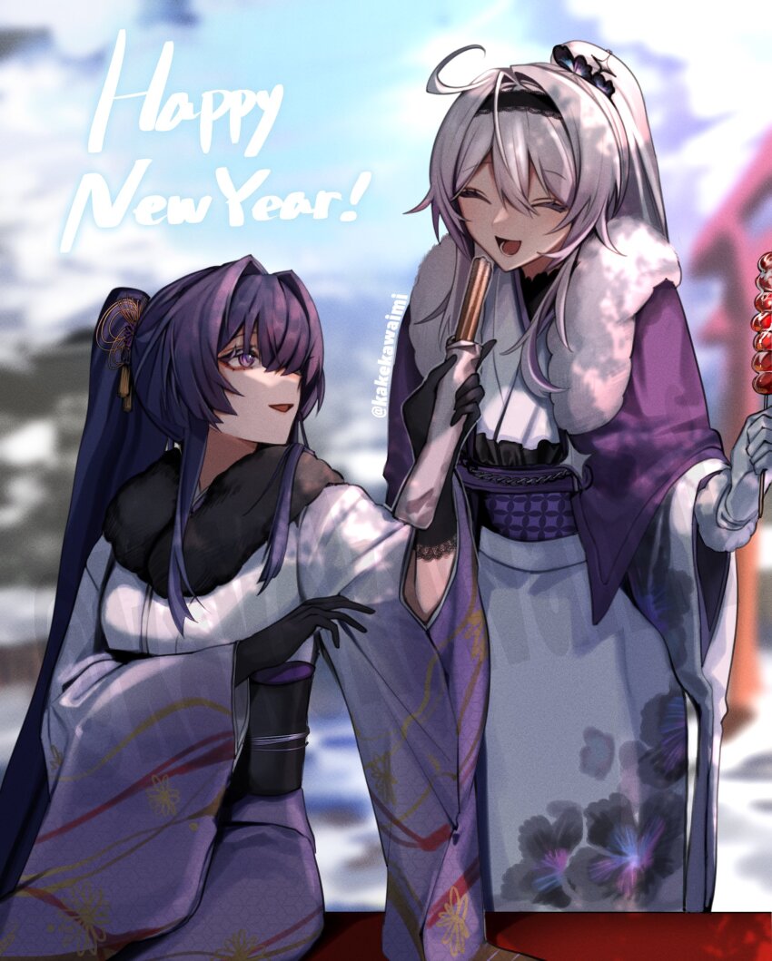 2girls, absurdres, ahoge, artist_name, black_flower, black_gloves, black_hairband, blurry