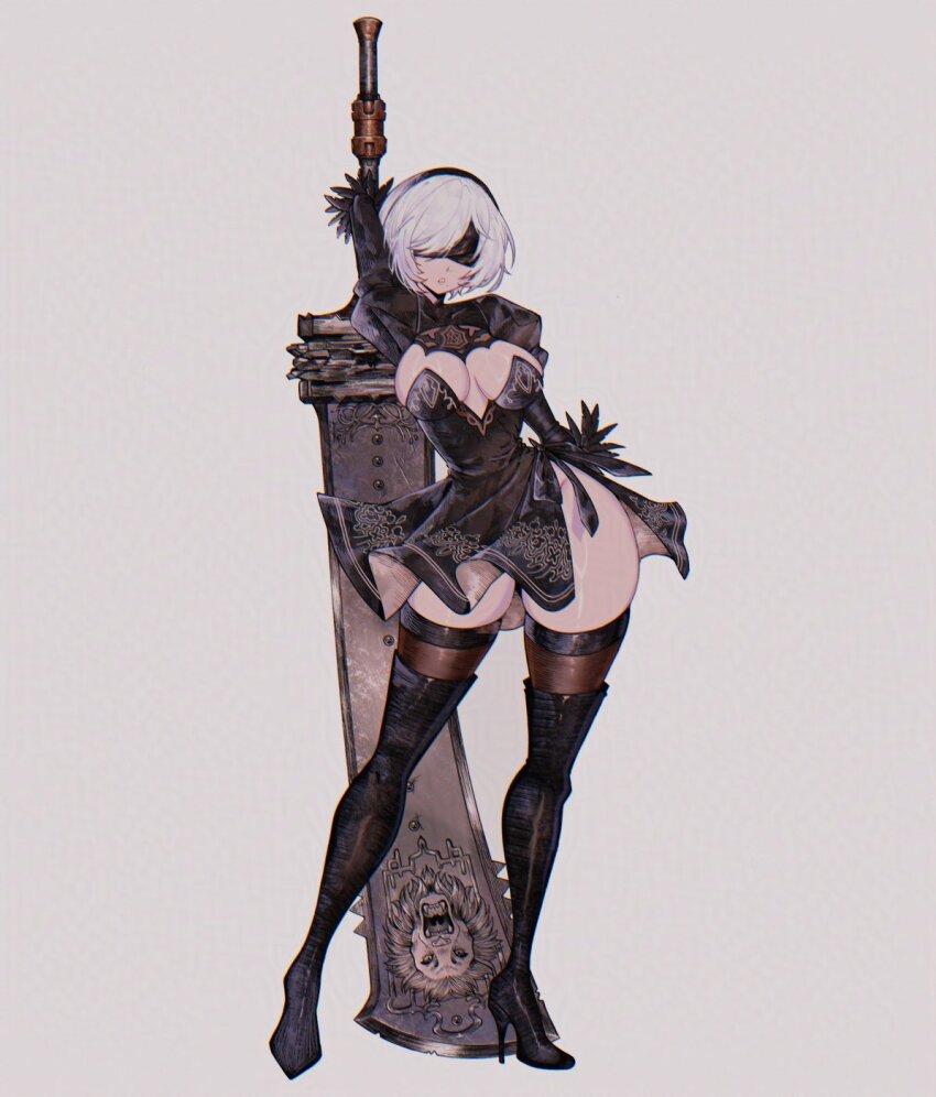 1girl, 2b_(nier:automata), alternate_costume, arms_up, back_cutout, beastlord_(sword), black_dress, black_hairband