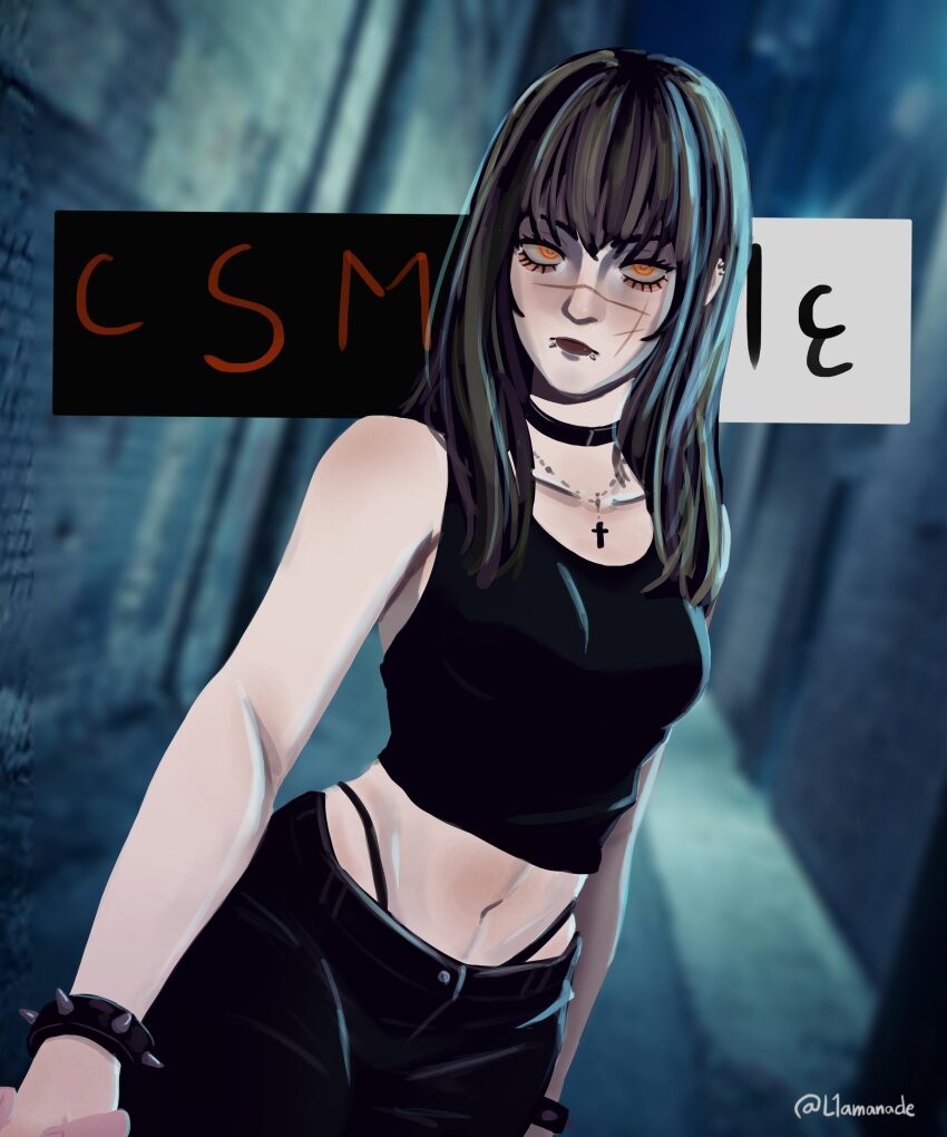 1girl, absurdres, black_choker, black_hair, black_panties, black_pants, black_tank_top, chainsaw_man