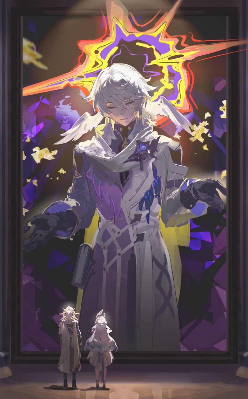 1boy, 1girl, absurdres, black_gloves, brother_and_sister, chinese_commentary, closed_eyes, coat