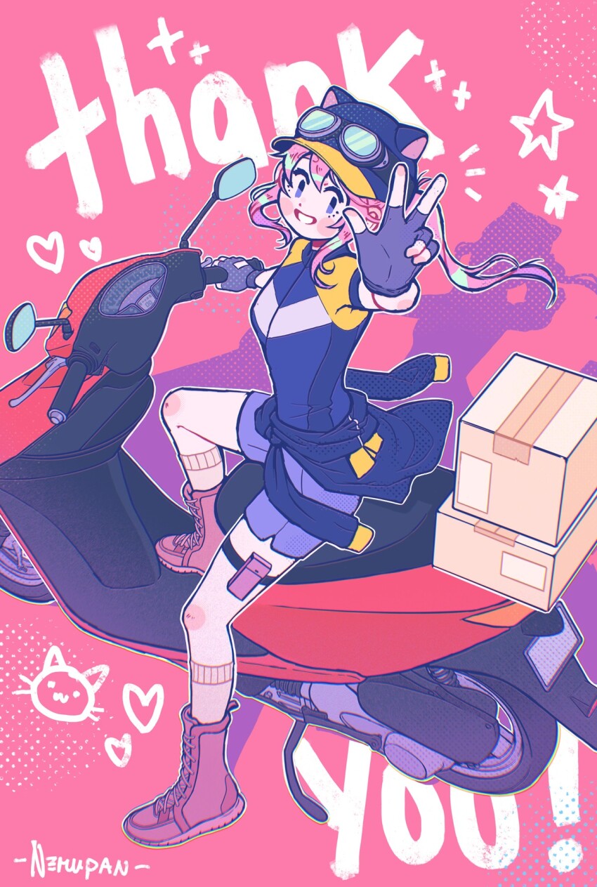 1girl, animal_ear_headwear, animal_hat, arm_up, baseball_cap, black_gloves, blue_eyes, blue_hat