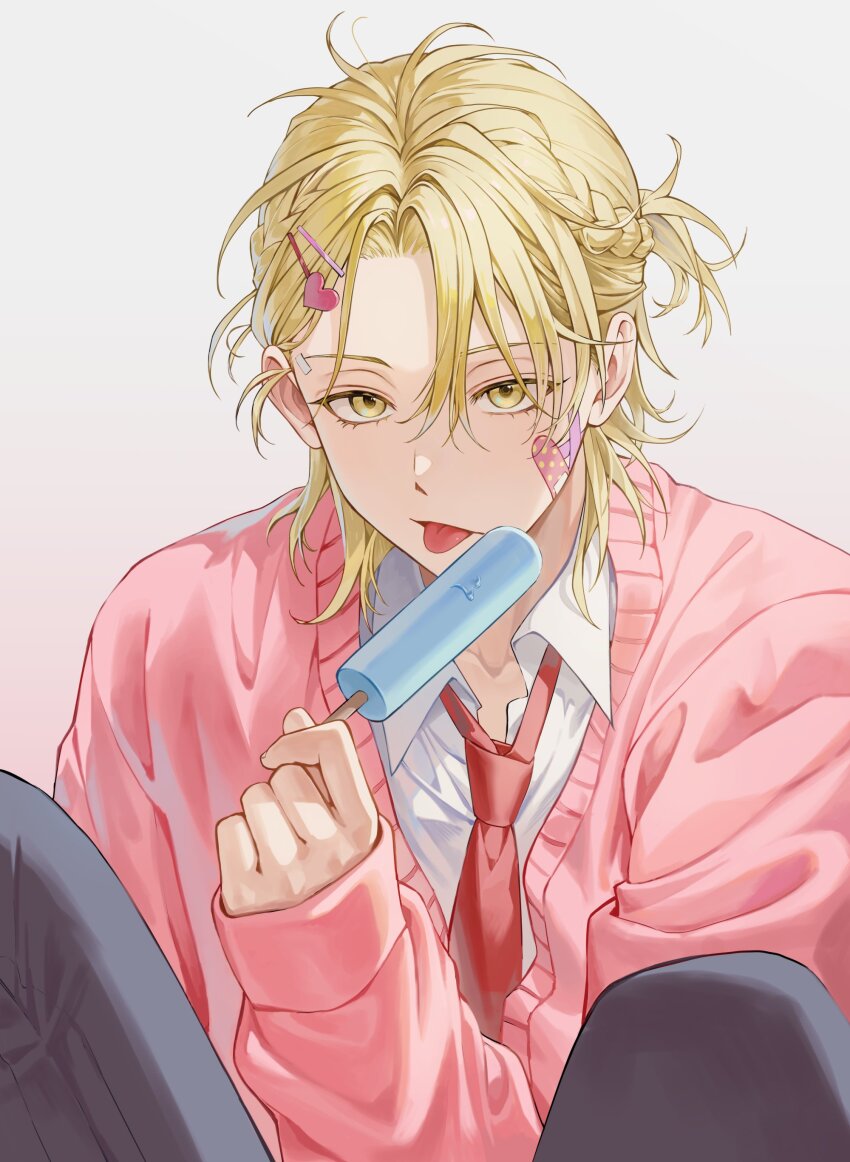 1boy, 5_taku, absurdres, baek_eunyung, bandaid, bandaid_on_face, black_pants, blonde_hair