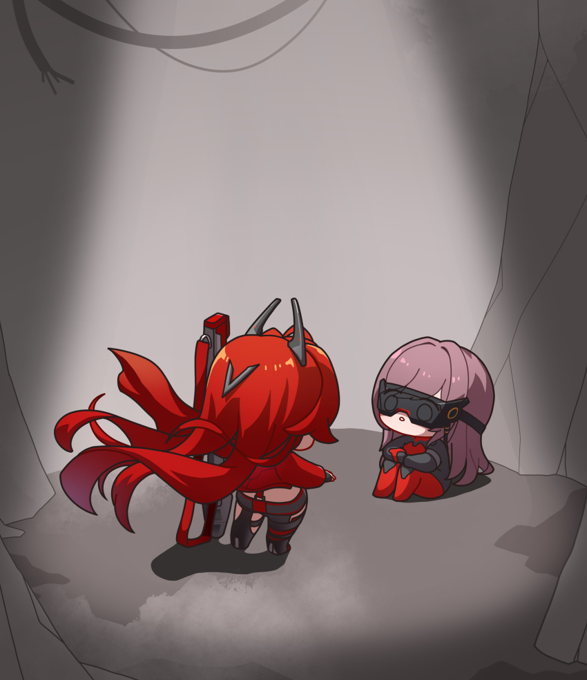 2girls, anti-materiel_rifle, barrett_m82a2, bodysuit, brown_hair, bullpup, cable, chibi