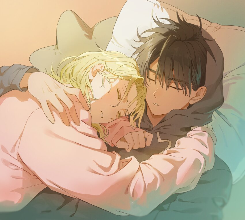 2boys, 5_taku, absurdres, baek_eunyung, black_hair, black_hoodie, blonde_hair, closed_eyes