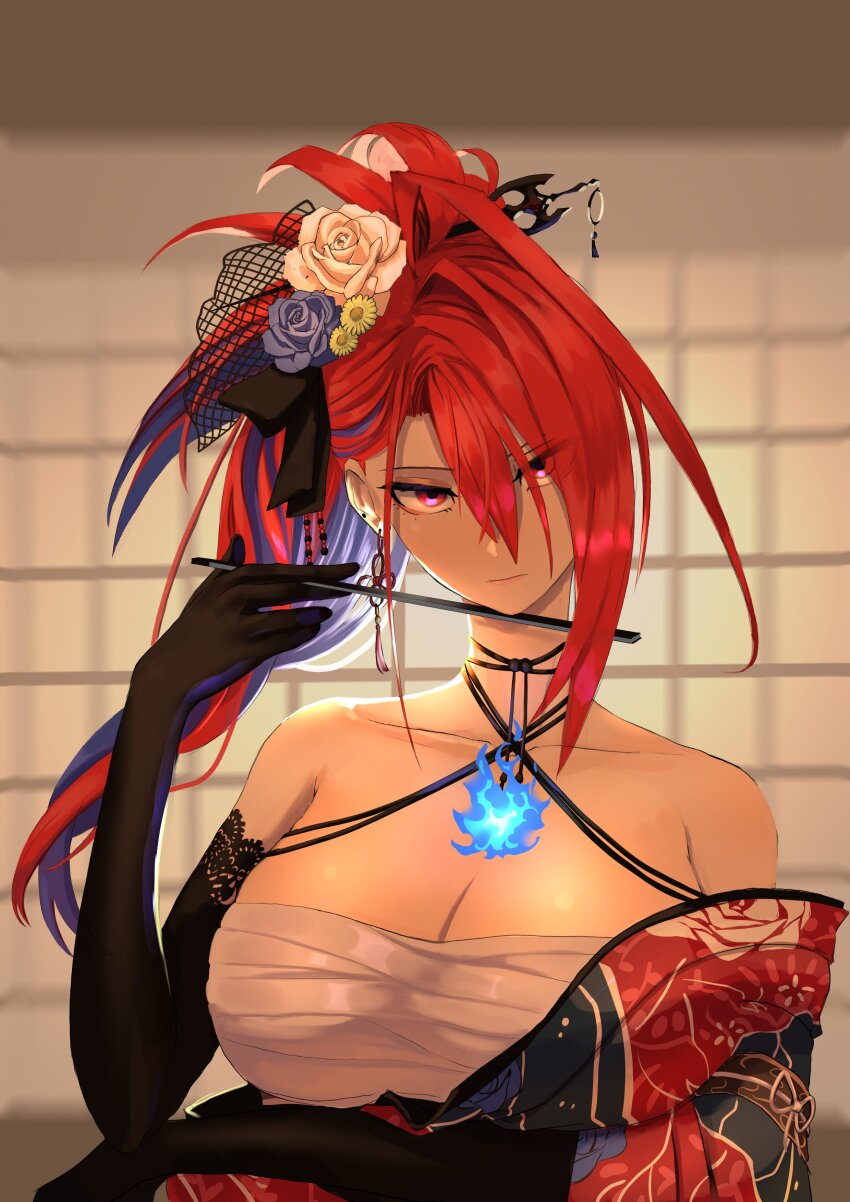 1girl, absurdres, ahoge, armpits, asymmetrical_hair, bare_shoulders, black_gloves, blue_fire