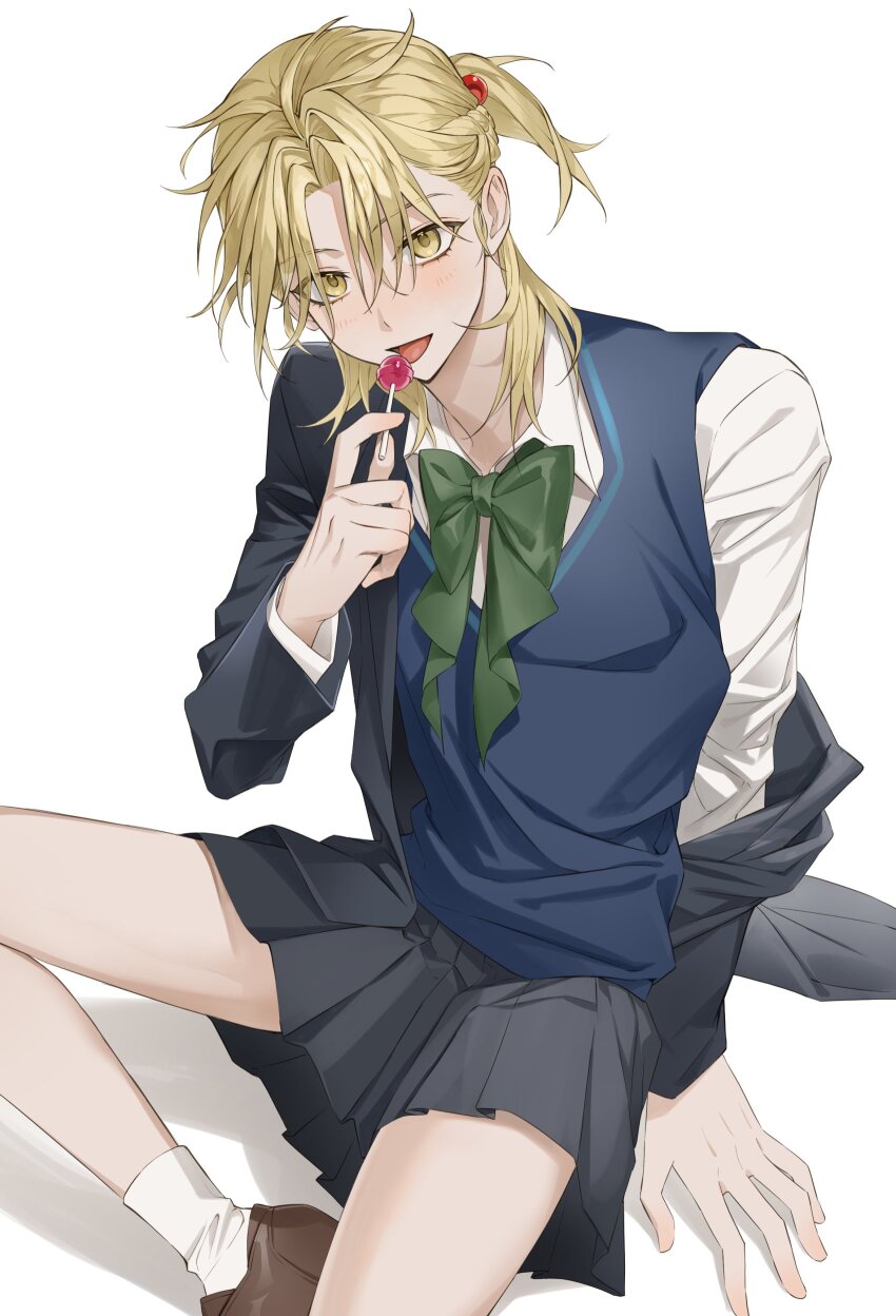 1boy, 5_taku, absurdres, baek_eunyung, beads, black_jacket, black_skirt, blazer