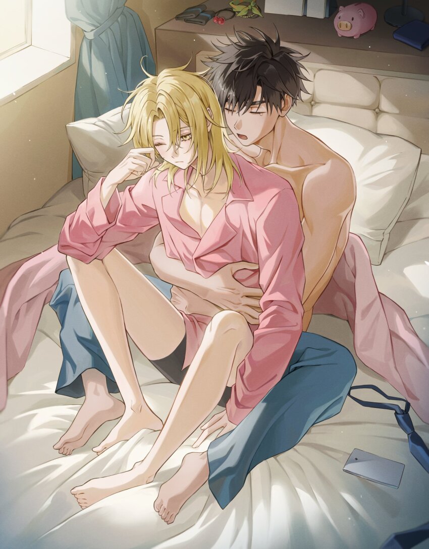 2boys, 5_taku, baek_eunyung, bed, black_hair, black_shorts, blonde_hair, blue_pants, closed_eyes, closed_mouth, goh_haejoon, hair_down, highres, hug, hug_from_behind, male_focus, multiple_boys, no_home_(manhwa), on_bed, one_eye_closed, open_mouth, pajamas, pants, pink_pajamas, pink_shirt, rubbing_eyes, shirt, short_hair, shorts, sleepy, sunlight, tan, topless_male, yaoi, yellow_eyes