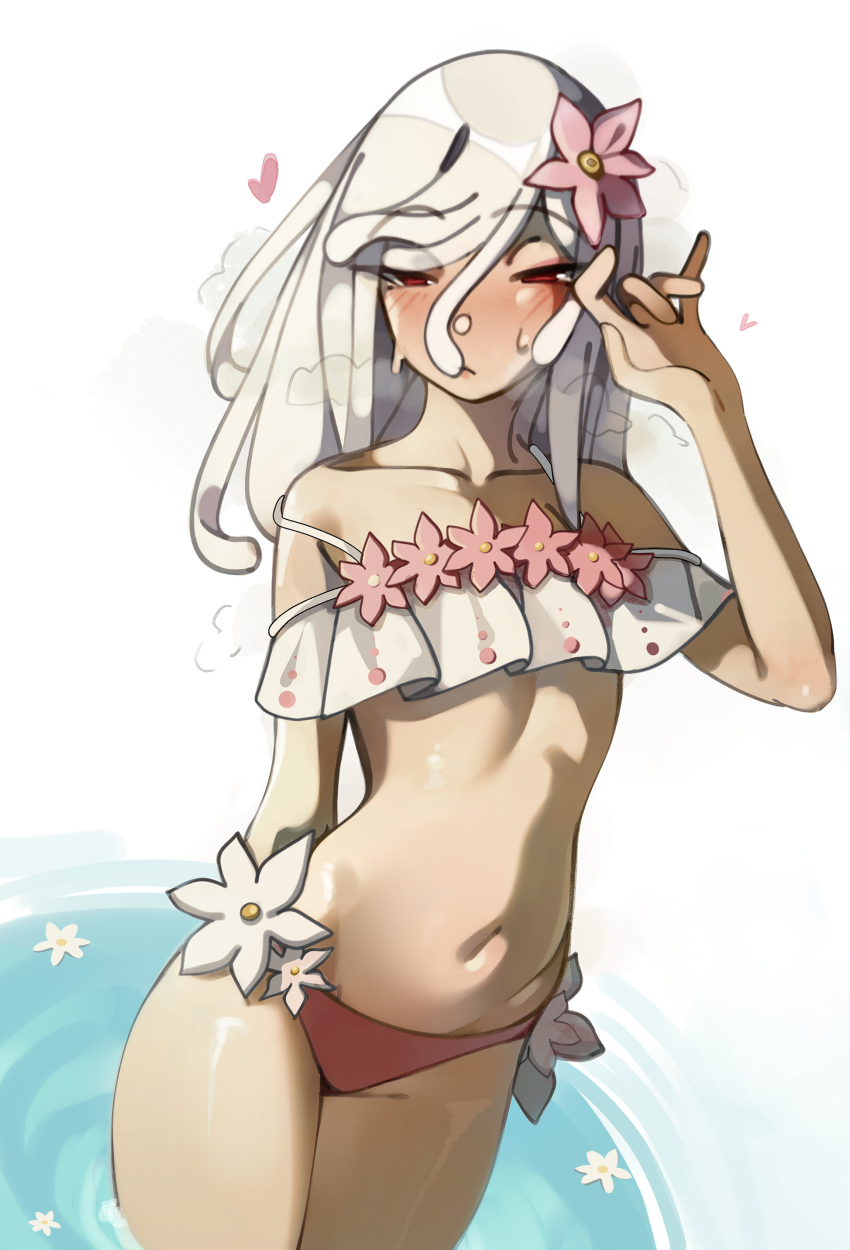 1girl, absurdres, arm_behind_back, bikini, blush, breasts, closed_eyes, collarbone, cowboy_shot, deko_morii, flower, flower_bikini, god_nadeko, groin, hair_between_eyes, hair_flower, hair_ornament, half-closed_eyes, hand_up, highres, long_bangs, looking_at_viewer, medium_hair, monogatari_(series), navel, off_shoulder, official_alternate_hair_color, official_alternate_hairstyle, pink_bikini, pink_flower, red_eyes, red_lips, sengoku_nadeko, simple_background, small_breasts, solo, standing, stomach, sweat, swimsuit, thighs, water, white_background, white_bikini, white_hair