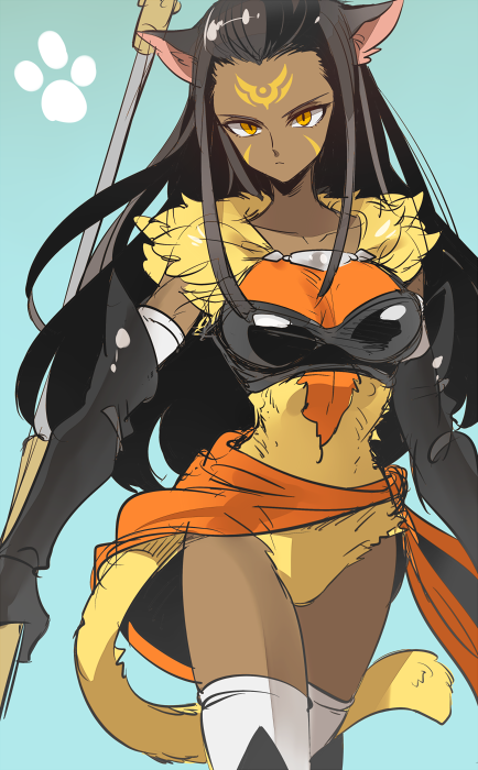 1girl, animal_ears, bandeau, black_bandeau, black_gloves, black_hair, blue_background, breasts, cat_ears, cat_girl, commentary_request, cowboy_shot, dark-skinned_female, dark_skin, dragon_quest, dragon_quest_monsters:_terry's_wonderland, facial_mark, gloves, holding, holding_weapon, katori_(katokichi), long_hair, looking_at_viewer, medium_breasts, monster_girl, orange_eyes, orange_sarong, paw_print, sarong, slit_pupils, tail, thighhighs, veera_(dragon_quest), weapon, white_thighhighs, yellow_fur