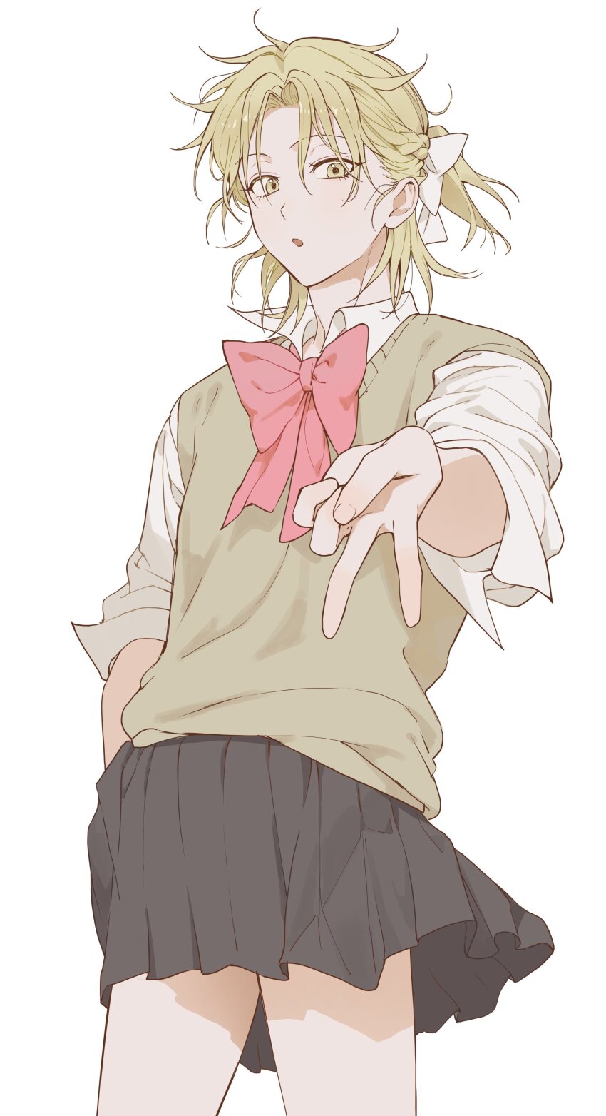1boy, 5_taku, absurdres, androgynous, baek_eunyung, black_skirt, blonde_hair, bow