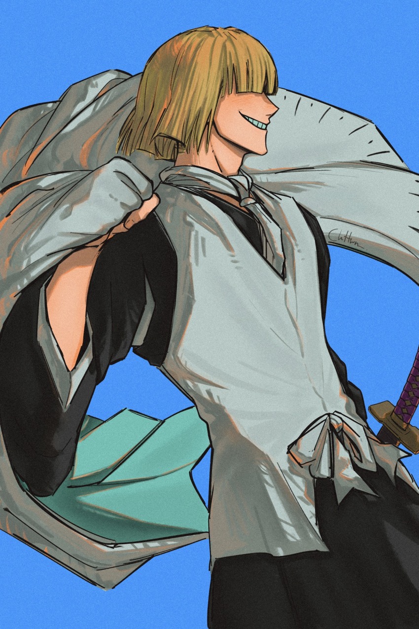 1boy, artist_name, bleach, bleach:_sennen_kessen-hen, blue_background, blunt_bangs, check_commentary, chttwn, commentary_request, covered_eyes, cowboy_shot, dutch_angle, film_grain, grin, hair_over_eyes, haori, highres, hirako_shinji, holding, holding_unworn_clothes, japanese_clothes, long_sleeves, male_focus, profile, shihakusho, short_hair, smile, solo, sword, taichou_haori, two-sided_fabric, vest, weapon, white_vest, wide_sleeves