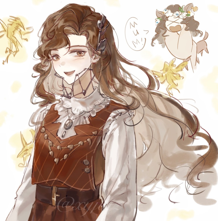 >_<, 2girls, :d, animal_ears, belt, braces, brown_belt, brown_eyes