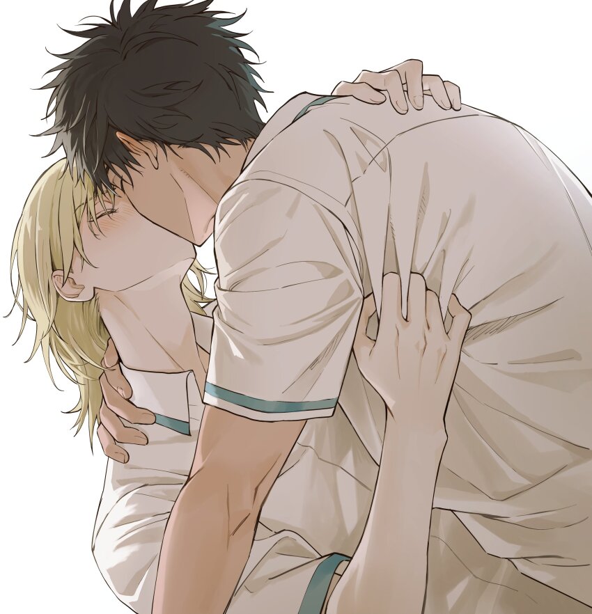 2boys, 5_taku, absurdres, baek_eunyung, black_hair, blonde_hair, blush, closed_eyes