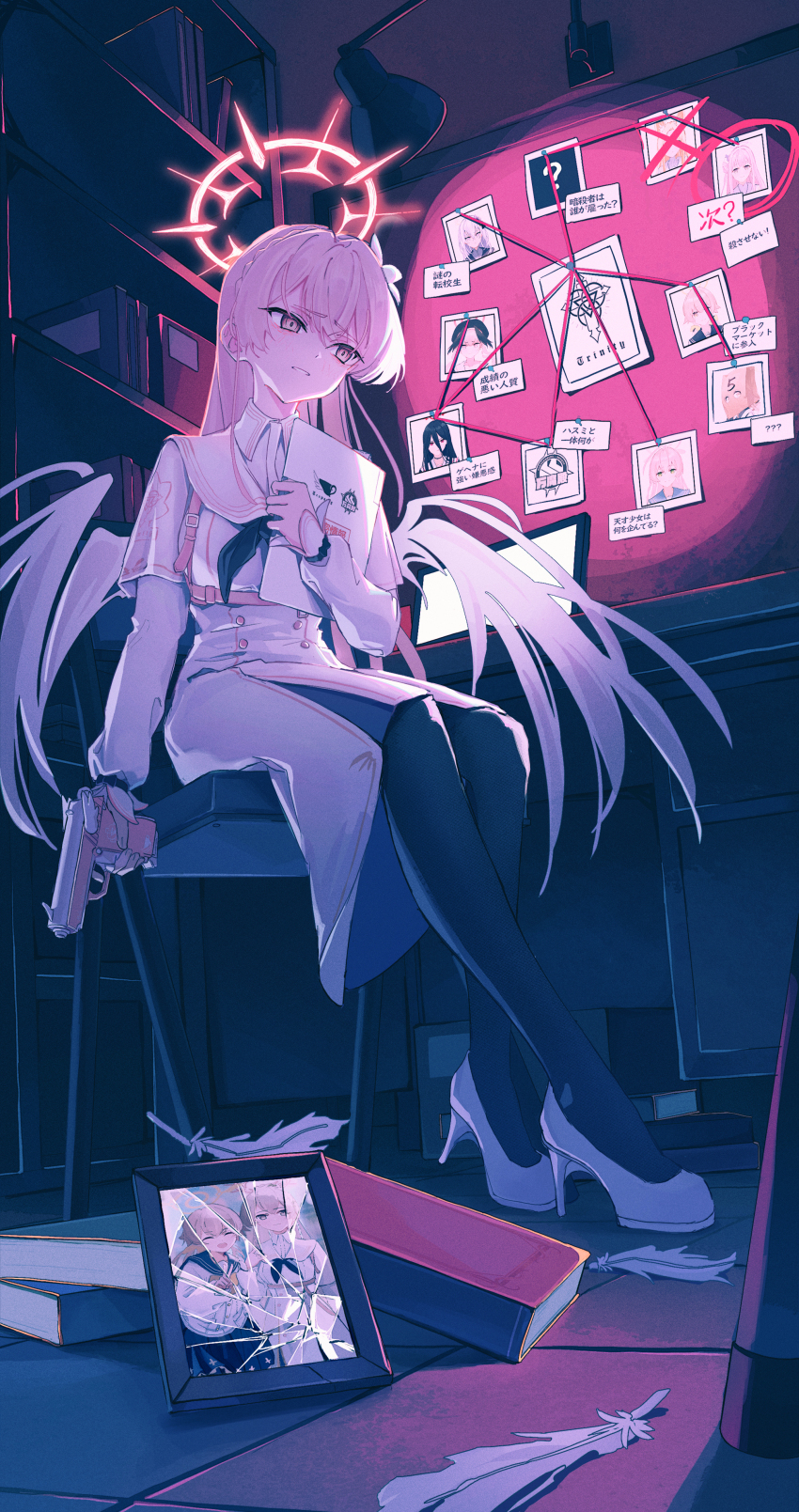 1girl, absurdres, azusa_(blue_archive), black_neckerchief, black_pantyhose, blue_archive, book, bookshelf