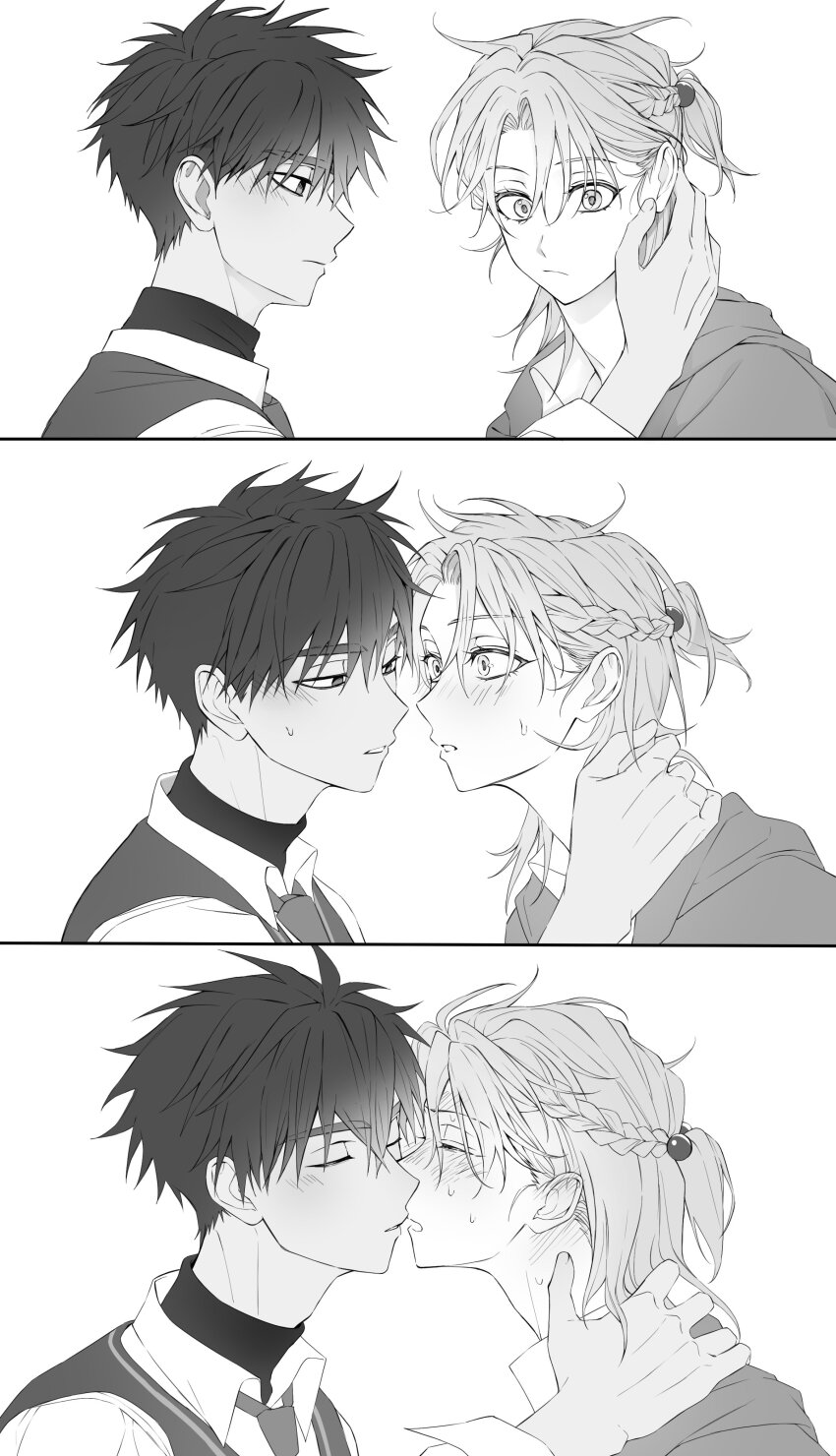 2boys, 5_taku, absurdres, baek_eunyung, beads, blush, braid, goh_haejoon