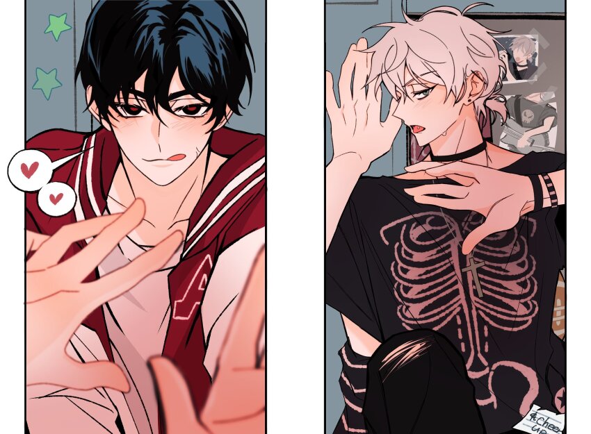 2boys, alien_stage, black_eyes, black_hair, black_shirt, choker, green_eyes, grey_hair