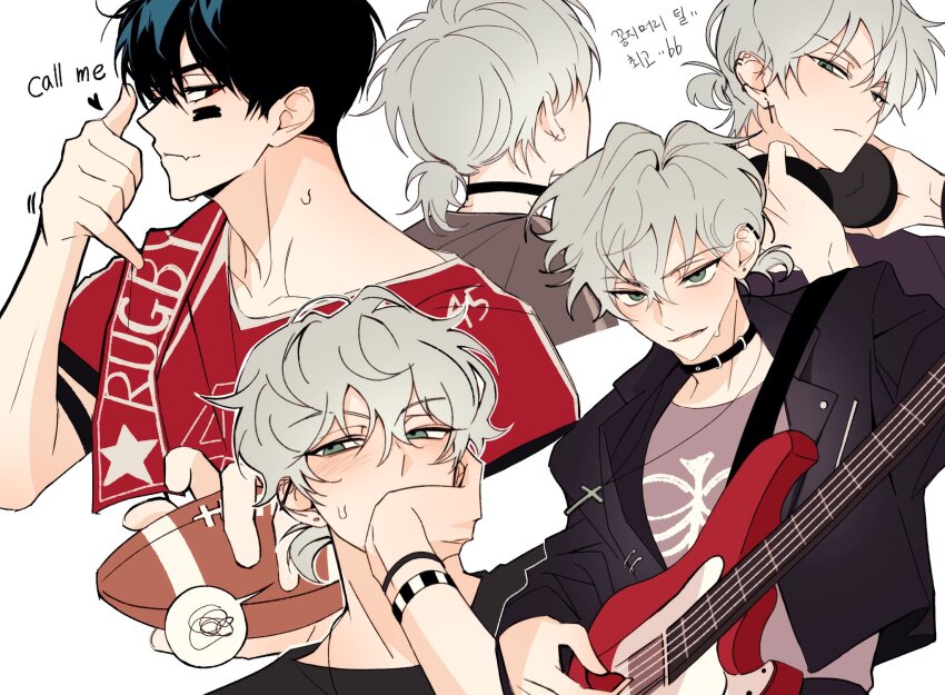 2boys, alien_stage, black_choker, black_jacket, blush, choker, cross, cross_earrings