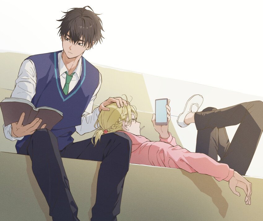 2boys, 5_taku, absurdres, baek_eunyung, beads, black_eyes, black_hair, black_pants