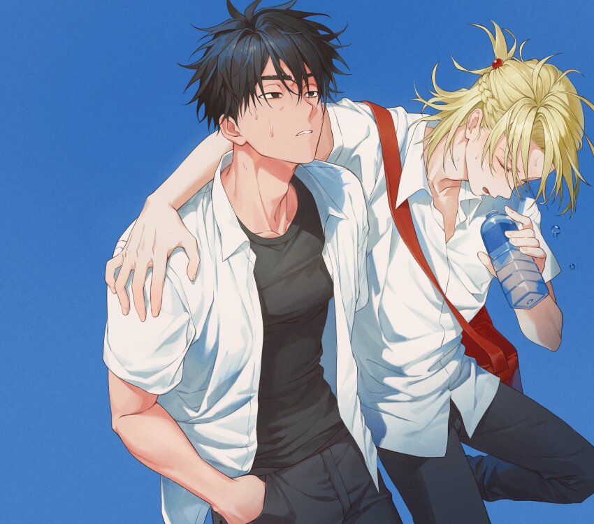 2boys, 5_taku, arm_around_shoulder, baek_eunyung, bag, black_eyes, black_hair, black_pants