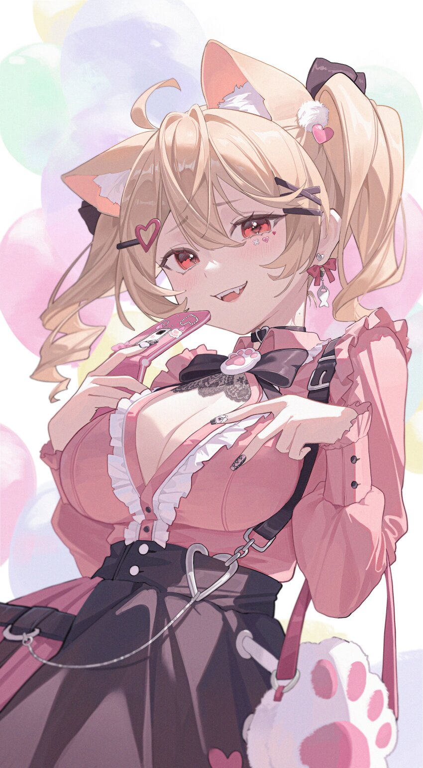 1girl, :d, absurdres, ahoge, animal_ear_fluff, animal_ears, animal_hands, bag