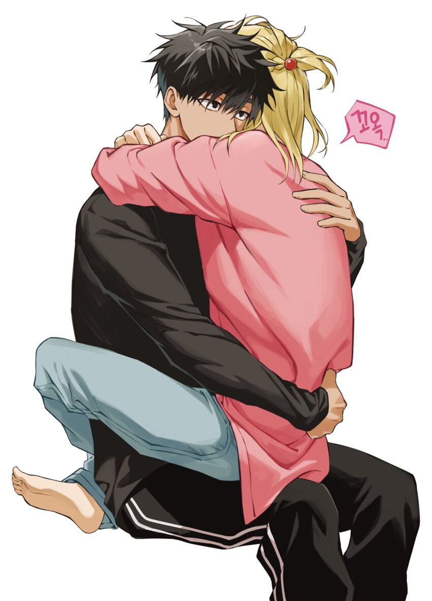 2boys, 5_taku, absurdres, baek_eunyung, beads, black_eyes, black_hair, black_pants